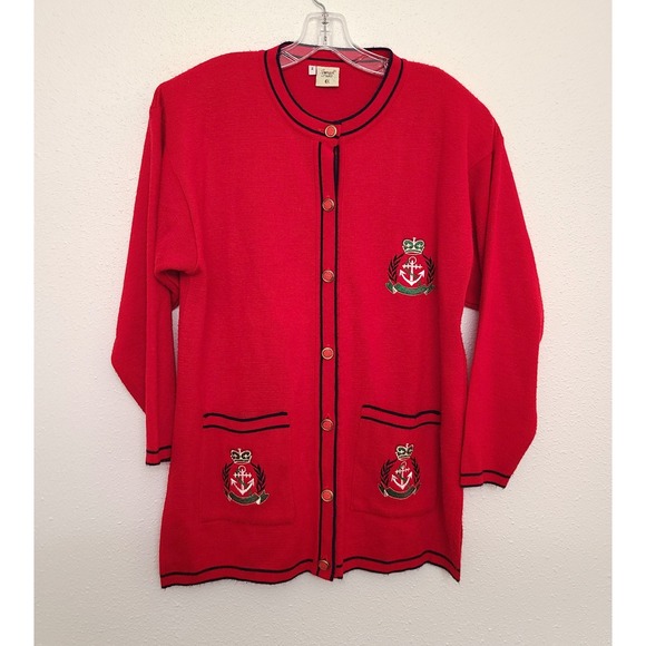 Vintage Triko XL Preppy Red Cardigan Embroidered Crest Old Money New England - Picture 2 of 12